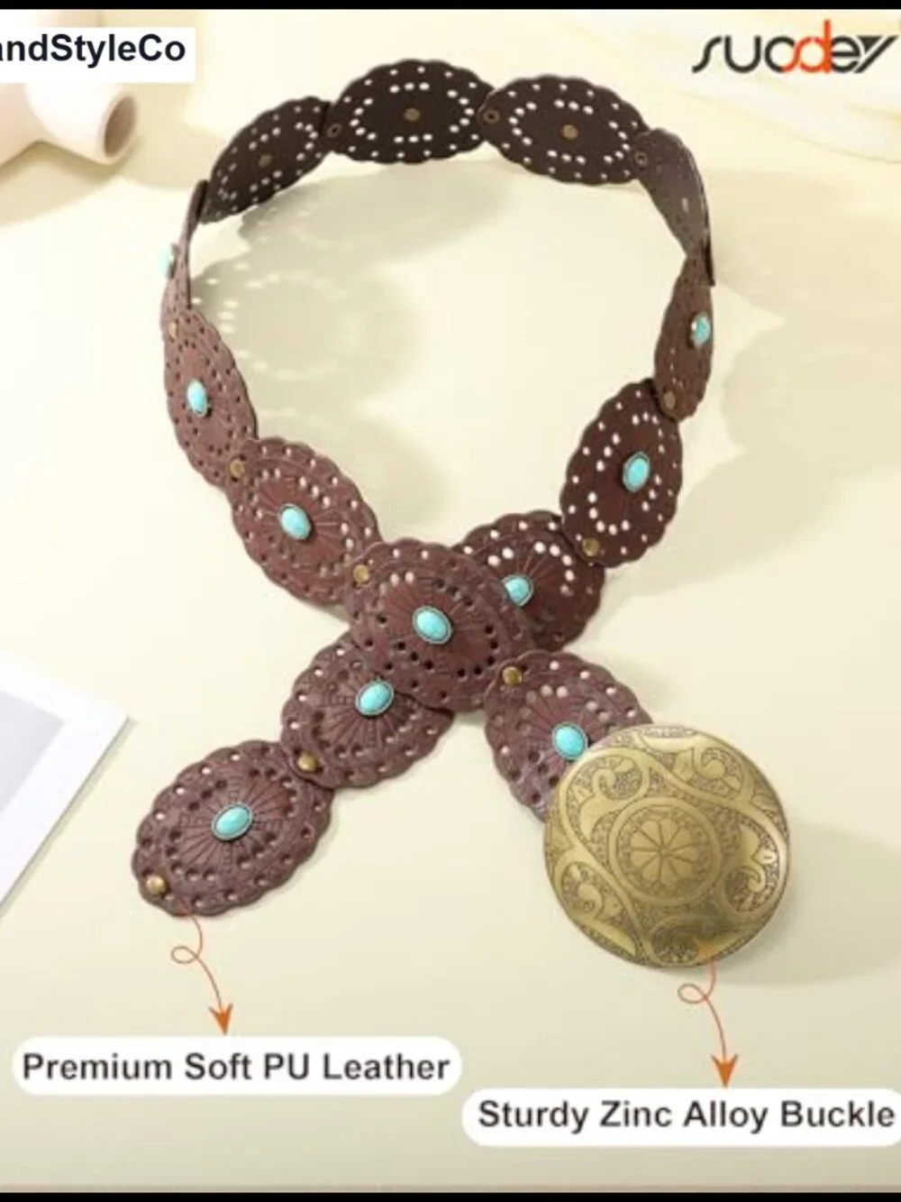 Western Disc Belt with Turquoise PU Leather Cowgirl Belt for Women
